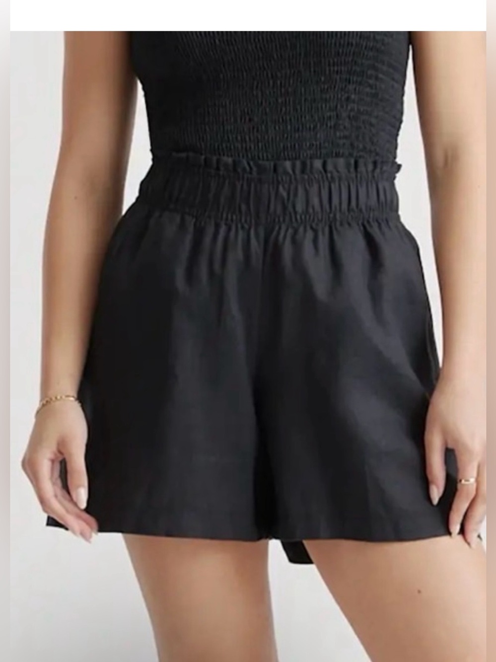 Quince Black High-Waist Smocked Linen Bermuda Shorts